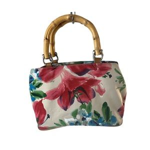 Trademark Relic Brand Floral Canvas Bamboo Wooden Handle Handbag Purse